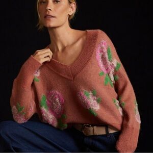 Anthropologie Pink and Orange Floral Sweater